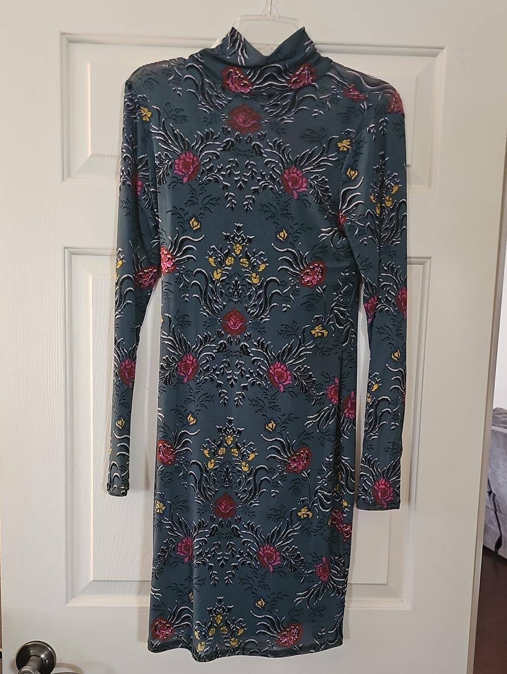 Material Girl Teal Floral Long-Sleeve Turtleneck Dress
